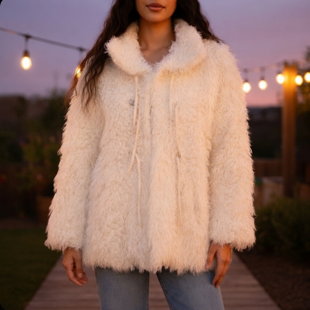 Vintage 70s Shaggy Faux Fur Coat Cream Off-White Tie Front Mid-Length Jacket